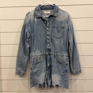 Blue Denim Jumpsuit with Vintage Wash and Relaxed Fit